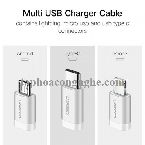 Ugreen 30460 0.5M màu Trắng Cáp sạc đa năng USB sang TypeC + Micro + Lightning US186 30030460